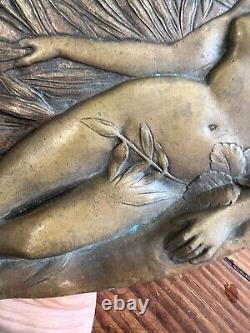 Grand Plateau Bronze Art Nouveau Femme & Enfant Vide Poche Erotique Vers 1900