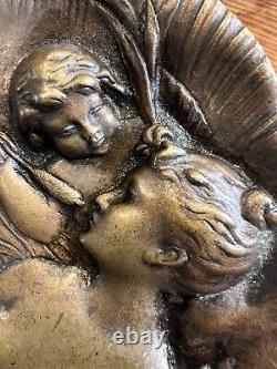 Grand Plateau Bronze Art Nouveau Femme & Enfant Vide Poche Erotique Vers 1900