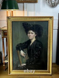 Grand Tableau Pastel Art Nouveau Signé J. Moubrey Portrait De Femme En Noir