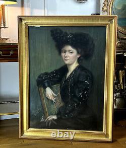 Grand Tableau Pastel Art Nouveau Signé J. Moubrey Portrait De Femme En Noir