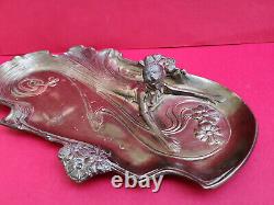 Grand vide poche bronze patine argentée art nouveau Femme Jugendstil