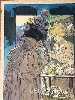Grande Aquarelle Art Nouveau Belle Epoque 1900 Marché Fleurs Femmes Signée Dick