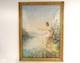 Grande Hst Tableau Jeune Femme Pêche Rivière Paysage Fleurs Art Nouveau 19è