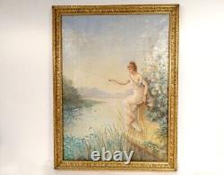 Grande HST tableau jeune femme pêche rivière paysage fleurs Art Nouveau 19è