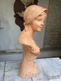Grande Statue buste de femme Art Nouveau terre cuite Epoque 1900 signée