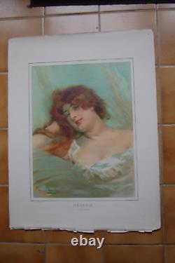 Grande chromolithographie Femme Art Nouveau signée Daniel Hernandez Reverie