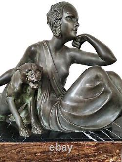 Grande et superbe statue Femme à la panthère A. GODARD Art Déco/Art Nouveau