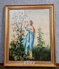 Grande huile sur toile époque Art Nouveau jeune femme dans un paysage fleuris