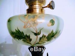 Grande lampe à pétrole art nouveau, femme, chardons, J. Causse, réservoir émaillé