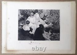 Gravure Ancienne Eau-Forte Scène Femmes Nues Baignade Paysage Cascade Chien