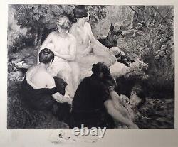 Gravure Ancienne Eau-Forte Scène Femmes Nues Baignade Paysage Cascade Chien