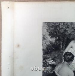 Gravure Ancienne Eau-Forte Scène Femmes Nues Baignade Paysage Cascade Chien