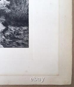 Gravure Ancienne Eau-Forte Scène Femmes Nues Baignade Paysage Cascade Chien