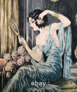 Gravure Aquatinte Art Nouveau Art Déco Femme Miroir Mode Fleur Style Louis Icart