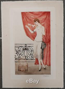 Gravure Aquatinte Art Nouveau/Déco Jeune Femme Cage à Oiseaux CASTAING 1910