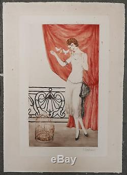 Gravure Aquatinte Art Nouveau/Déco Jeune Femme Cage à Oiseaux CASTAING 1910