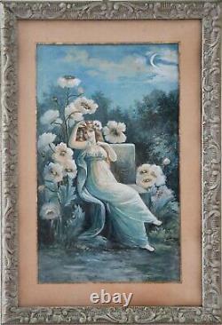 Gravure chromolithographie début XXème Signée Y. Pline 1904 Femme assise fleurs