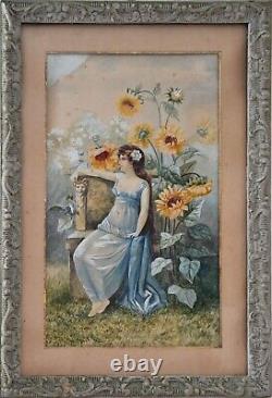 Gravure chromolithographie début XXème Signée Y. Pline 1904. Femme et tournesols