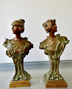 Hans Müller Paire de Bustes de Femme Sculpture Bronze Art Nouveau Jugendstil
