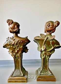 Hans Müller Paire de Bustes de Femme Sculpture Bronze Art Nouveau Jugendstil