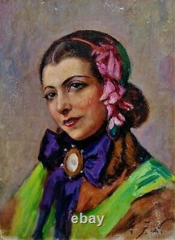Huile-peinture-portrait-jeune Femme-art Nouveau-art Deco-signature-