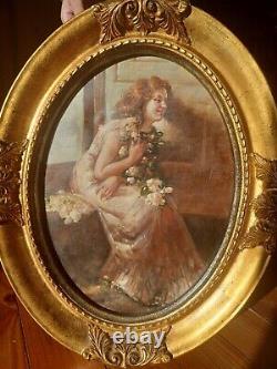 Huile sur toile style Art nouveau femme rousse. Signé encadré