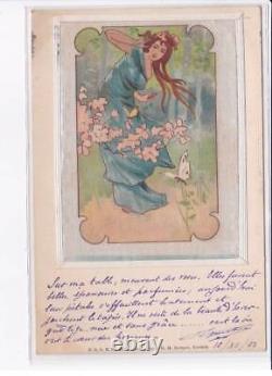 ILLUSTRATEURS Art Nouveau carte sur soie femme et papillon- très bon éta