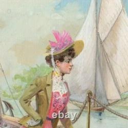 Illustration de dessin Art Nouveau, Femme sur bateau, Drapeau, France, Marin