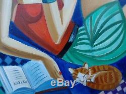 Isaac KAPLAN (Jeune femme à la lecture et son chat) Huile sur toile