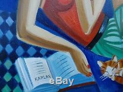 Isaac KAPLAN (Jeune femme à la lecture et son chat) Huile sur toile