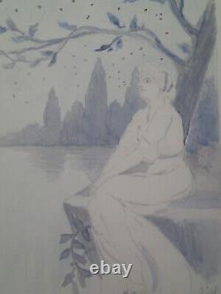JEUNE FILLE 1900 SUPERBE À L'ARBRE ART NOUVEAU Nature Beauté Femme Lac Paysage