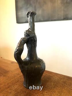 JOLI PETIT SOLIFLORE EN ÉTAIN, ANSE FEMME NUE, ART NOUVEAU signé C de FRANOZ