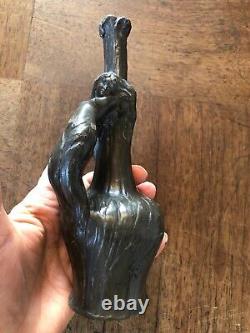 JOLI PETIT SOLIFLORE EN ÉTAIN, ANSE FEMME NUE, ART NOUVEAU signé C de FRANOZ