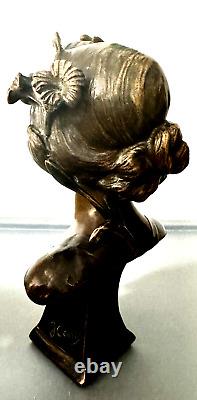 JULIEN-CAUSSÉ, Buste de Femme LYS, Sculpture en Bronze, ÉPOQUE Art Nouveau Signé