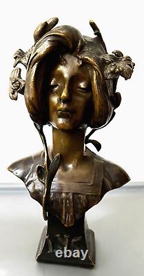 JULIEN-CAUSSÉ, Buste de Femme LYS, Sculpture en Bronze, ÉPOQUE Art Nouveau Signé