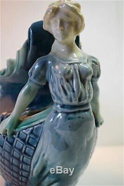 Jardinière Ceramique Art Nouveau Barbotine Femme 1900 Majolica Ceramics