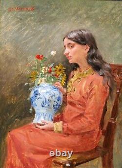 Jean Joseph WEERTS tableau portrait femme fleurs Roubaix Art Nouveau