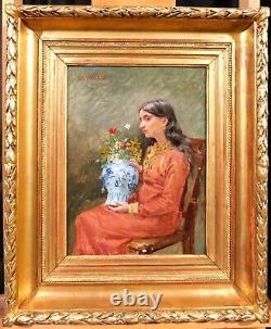 Jean Joseph WEERTS tableau portrait femme fleurs Roubaix Art Nouveau