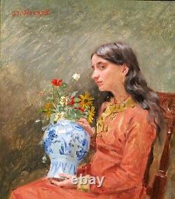 Jean Joseph WEERTS tableau portrait femme fleurs Roubaix Art Nouveau