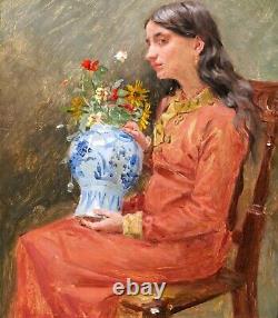 Jean Joseph WEERTS tableau portrait femme fleurs Roubaix Art Nouveau