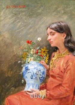 Jean Joseph WEERTS tableau portrait femme fleurs Roubaix Art Nouveau