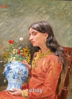 Jean Joseph WEERTS tableau portrait femme fleurs Roubaix Art Nouveau