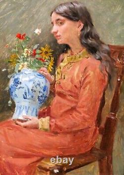 Jean Joseph WEERTS tableau portrait femme fleurs Roubaix Art Nouveau