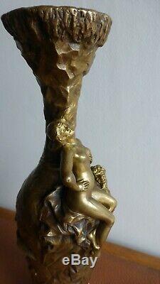 Jules André MELIODON. Vase bronze doré femme et faune. Art Nouveau. Antique vase