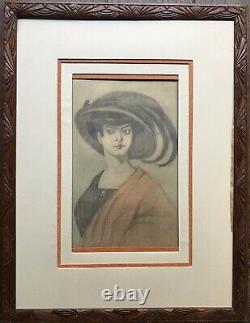 Karl Jozsa Dessin Original Elegante Chapeau Portrait De Femme Art Nouveau Vienne