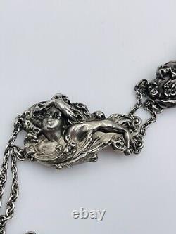 Kerr Ancien Art Nouveau Argent Sterling Femme Poisson & Gargoyle Rare Chaîne