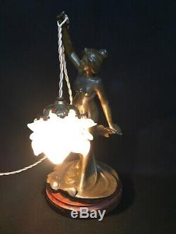 L. GOYEAU Statue Femme ART NOUVEAU Régule Patiné MONTÉE EN LAMPE Tulipe Fleur
