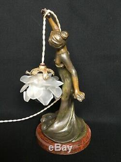 L. GOYEAU Statue Femme ART NOUVEAU Régule Patiné MONTÉE EN LAMPE Tulipe Fleur