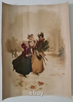 La balade en patins Vers 1900 Affiche Originale Art nouveau Mode Femme