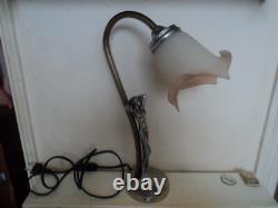 Lampe ART NOUVEAU femme argenté tulipe pate de verre